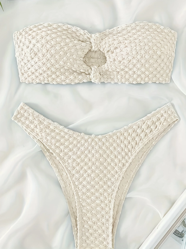 Hollow Out Knot Textured Fabric 2 Piece Set Bikini, Bandeau Plain White Stretchy Swimsuits, Women's Swimwear & Clothing