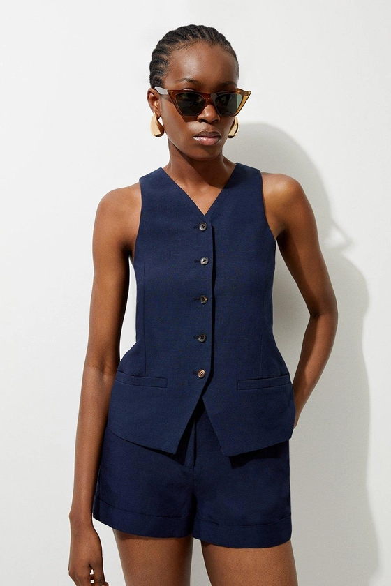 Premium Linen Tailored Button Through Longline Waistcoat | Karen Millen