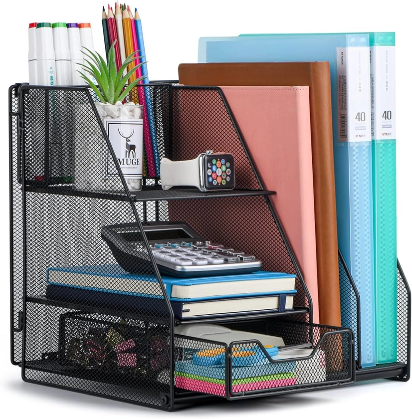 Topwey Desk Organizer, Office Supplies with 2 Paper Organizer, 1 Drawer and 2 Pen Holder, Classroom Must Haves and Teacher Must Haves