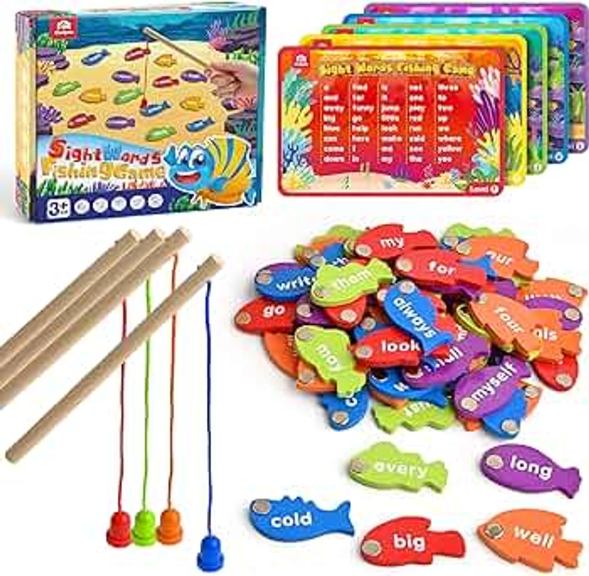 Coogam Wooden Magnetic Fishing Sight Words Game Learning Dolch Word Flashcards Montessori Educational Toy for Preschool 3 4 5 Year Old Kids