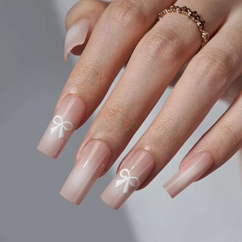 Bowknot Pink Ombre Square Press On Nails