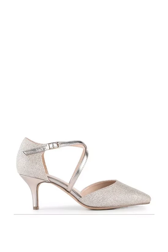 Heels | Glitter 'Philippa' Wide Fit Mid Heel Cross Strap Court Shoes | Paradox London