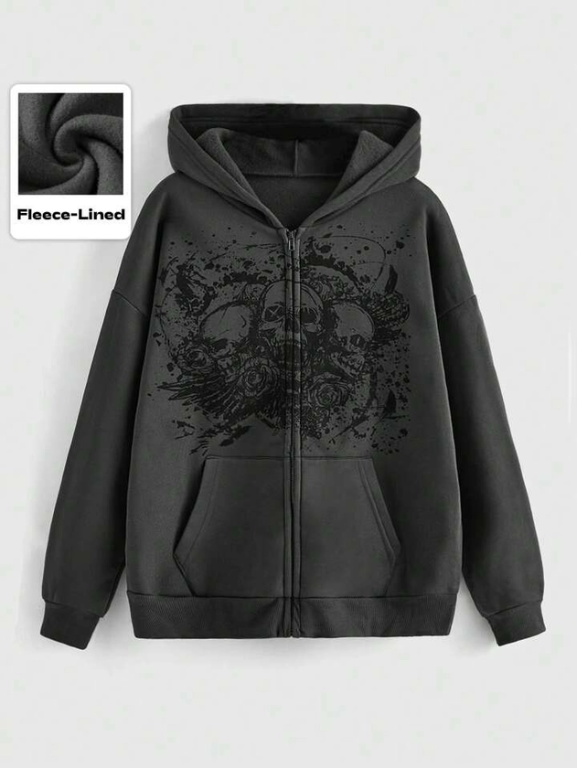 Is That The New Grunge Punk Skull Print Drop Shoulder Zipper Front Hoodie, School ??| ROMWE CANADA