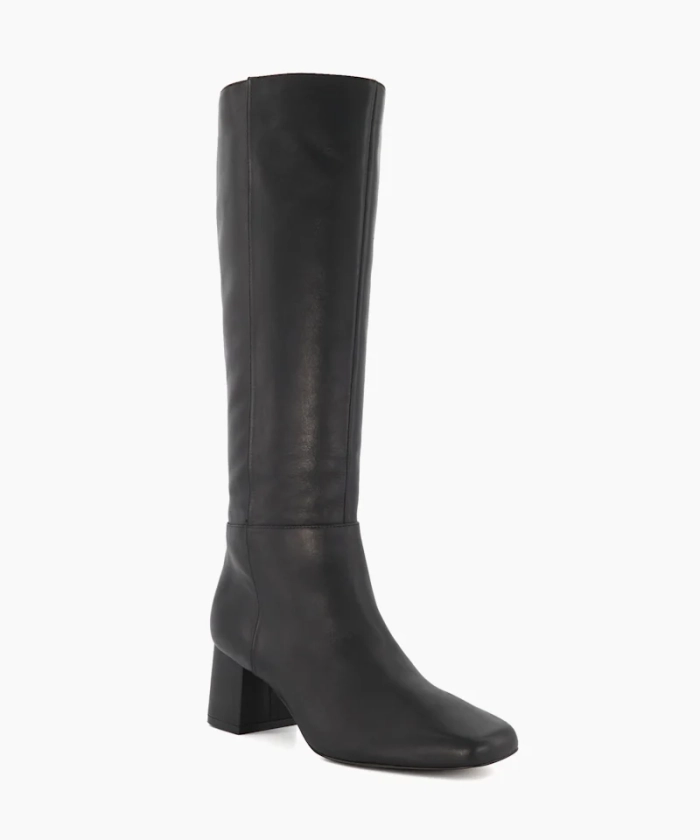 Signature Black, Block-Heeled Leather Knee-High Boots | Dune London