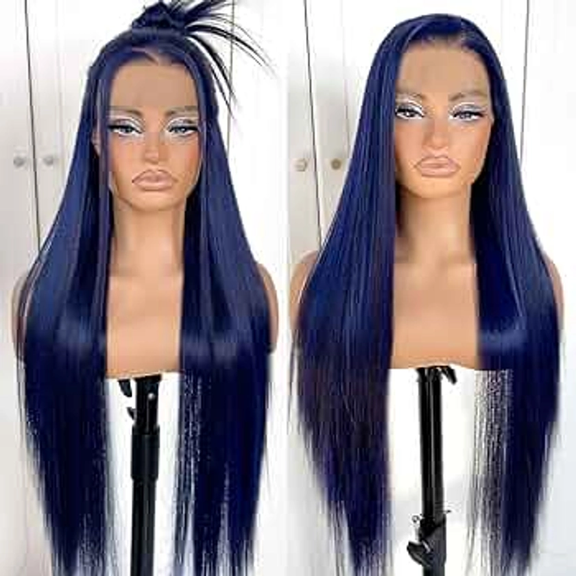 13x6 Dark Blue Straight HD Lace Front Wig Pre-Plucked Glueless Long Straight Blue Lace Front Wigs Synthetic Wear and Go Lace Front Wigs