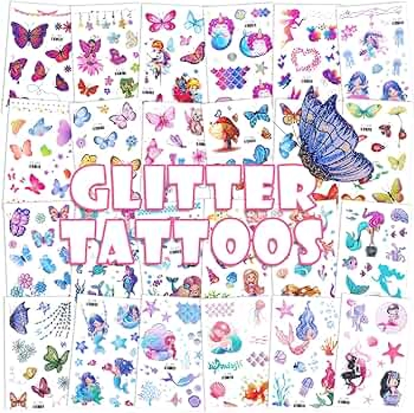 Konsait Glitter Temporary Tattoo for Girls, 24 Sheets Butterfly Mermaid Fairy Flowers Tattoo Stickers for Kids, Waterproof Fake Tattoos for Birthday Party Favors Goodie Bags Stuffers Party Fillers
