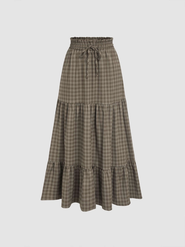 Elastic Waist Check Knotted Tiered Maxi Skirt