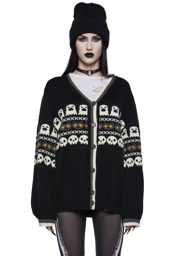 Ghost Skull Cat Knit, Ugly Sweater Cardigan - Black