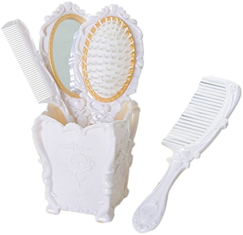 4pcs Hair Brush, Vintage Hair Brush Set for Women Mirror Brush Comb Set with Holder, Professional Hairbrushes Set, Handheld Mirror with Embossed Flower, Suitable for All Hair Types (White) (White)