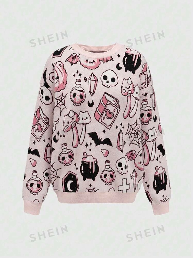 ROMWE Kawaii Maglione da donna con grafica di fantasmi carini, zucche e pipistrelli per Ognissanti