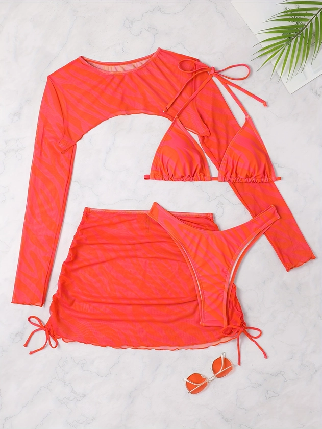 Solid Color 4 Piece Set Bikini, Triangle Halter Neck High Cut With Long Sleeves Cover Up Shrug & Drawstring Cover Up Skirt Swimsuits, Women's Swimwear