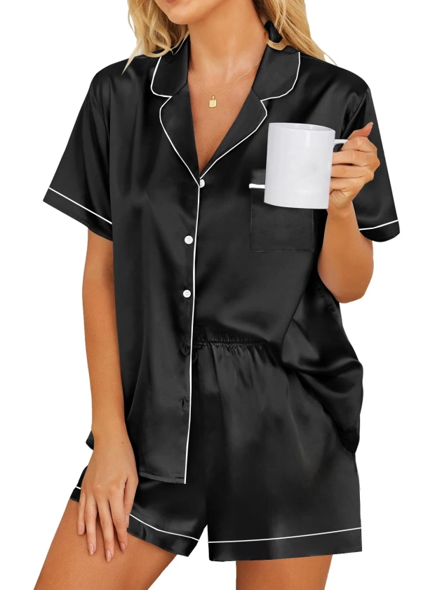 DAKIMOE Womens Silky Satin Pajama Set Short Sleeve Shirt with Shorts 2 Piece Pjs Sets Soft Silk Sleepwear Nightwear Button-Down Loungewear S-XL, Black, L