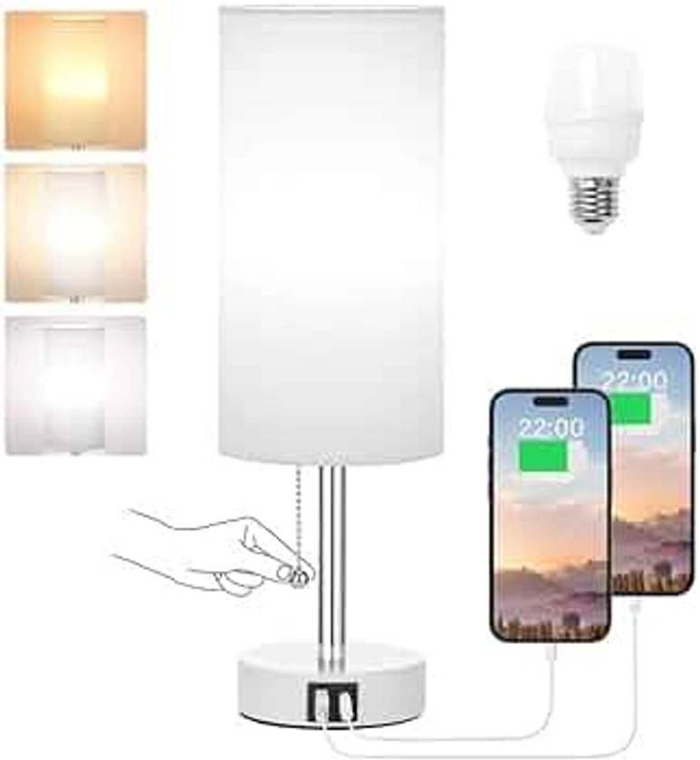 Hong-in Nightstand Lamp with 3 Color Modes - White Lamp for Bedroom with USB-C USB-A Charging Ports, 3000/4000/5000k Bedside Lamps by Pull Chain, Small Table Lamp for Bedroom, Office, Living Room