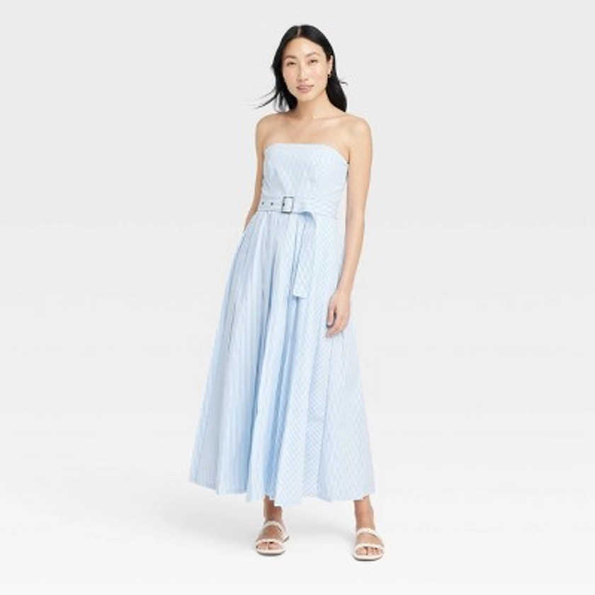 Women's Belted Midi Bandeau Dress - A New Day™ Blue/White Striped 0