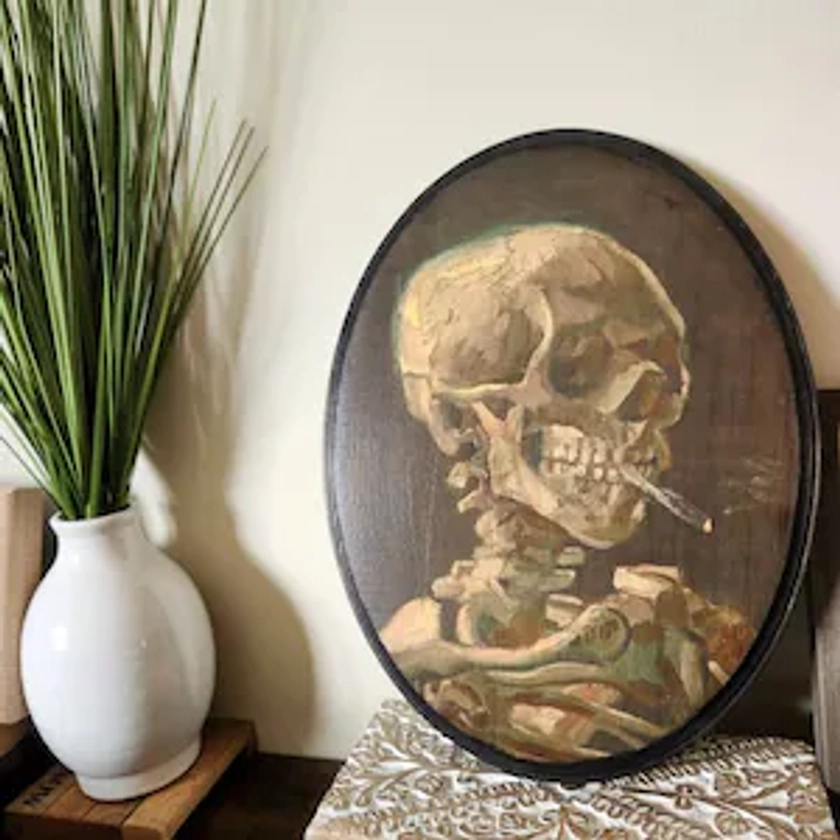 Skull of a Skeleton with Burning Cigarette - 1886 Vincent Van Gogh Art Sign Wooden Wall Plaque - Handmade wood ink transfer