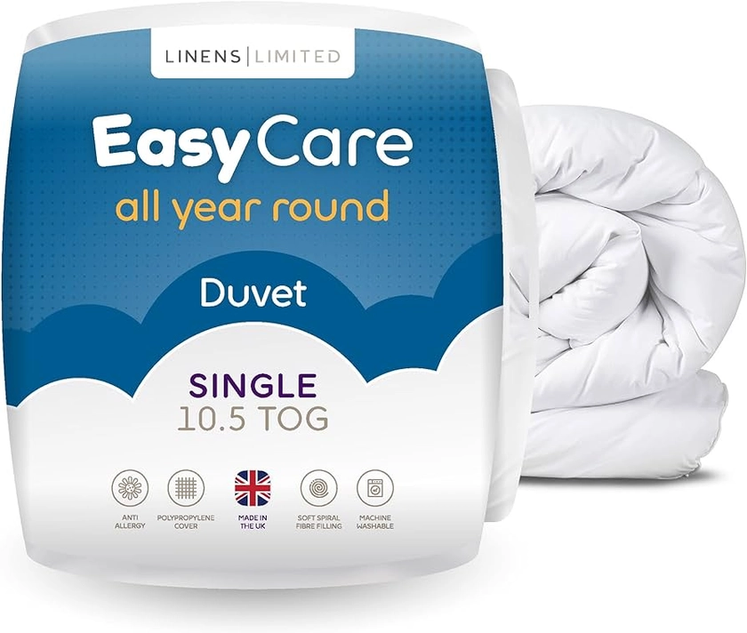 Linens Limited Single Duvet 10.5 Tog, Easy Care, All Year Round Quilt, Soft and Comfy, Polypropylene Hollowfibre, Machine Washable (White)