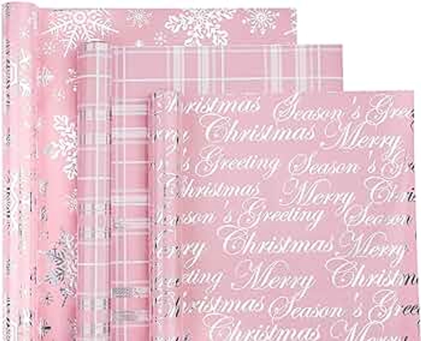 WRAPAHOLIC Christmas Wrapping Paper Roll - Mini Roll - 3 Rolls - 17 Inch X 120 Inch Per Roll - Pink with Silver Metallic Foil Snowflake, Plaid, Merry Christmas Lettering