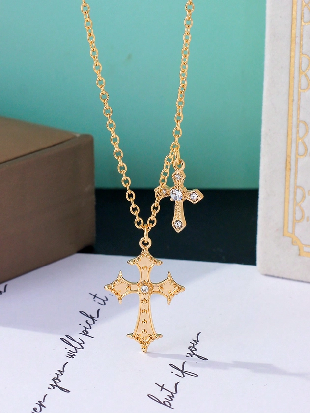 1pc Exquisite Cross Pendant Necklace Inlaid With Rhinestone