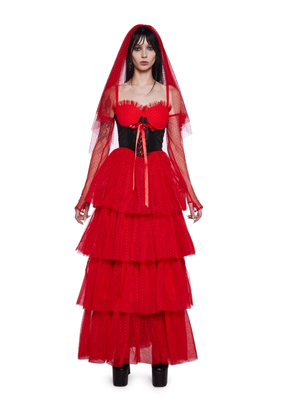 Dolls Kill X Beetlejuice Swiss Dot Lydia Wedding Costume Maxi Dress Set - Red