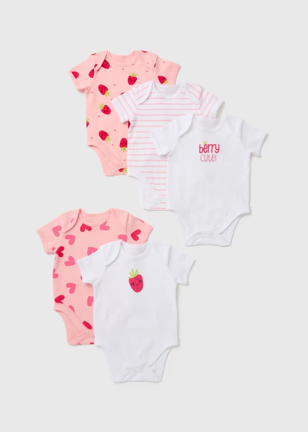 Baby 5 Pack Pink Strawberry Bodysuits (Newborn-23mths)