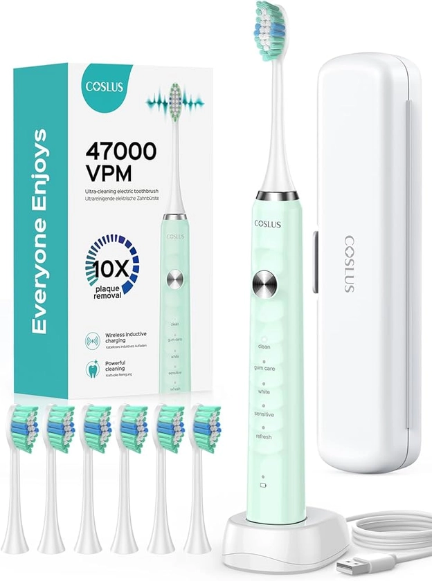 Amazon.com: COSLUS Electric Toothbrush for Adults and Kids: Wireless Rechargeable Tooth Brush with Portable Travel Case, 5 Modes 47000 VPM Power Toothbrushes 6 Brush Heads 1 Charge for 70 Days Green : Health & Household