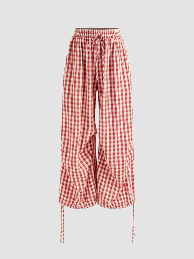 Woven Mid Rise Gingham Knotted Drawstring Pocket Wide Leg Trousers For School