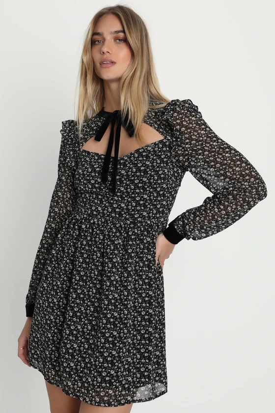 Posh Impression Black Floral Print Tie Neck Mini Dress