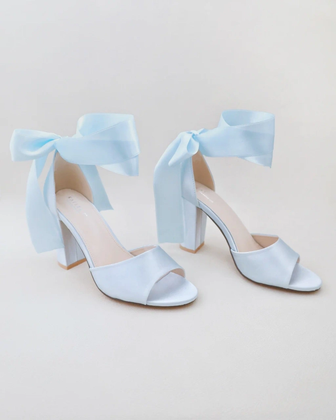 Satin Block Heel Wedding Sandals with Wrapped Ribbon Tie