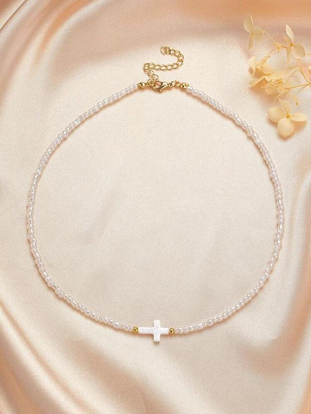 1pc Cross Decor Beaded Necklace