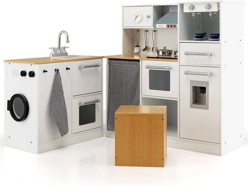 COSTWAY Cuisine Enfants Multifonctionnelle Bois avec Machine à Laver,Jeux d’Imitation Cuisinière avec Sons et Lumière Réels,Tabouret,Cafetière,Distributeur d'eau,Cadeau Tout-Petits de 3 Ans+(Blanc)