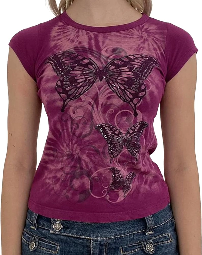 Amazon.com: Women Teen Girls Y2k Summer Short Sleeve Tees T-Shirts Gothic Fairy Grunge Skull Party Casual Tops Shirts (9-Purple Red Print, M) : Clothing, Shoes & Jewelry
