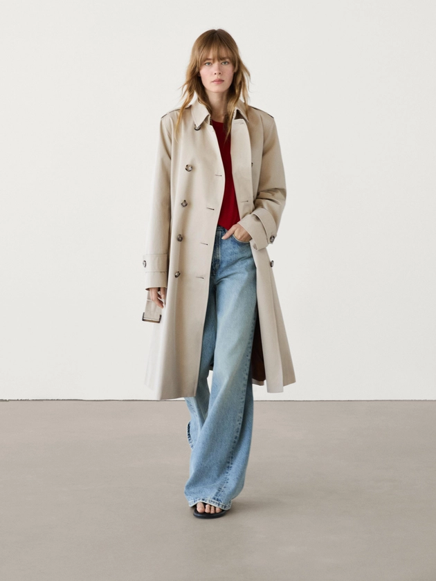 Double-breasted cotton trench coat · Cream, Deep Blue · Coats And Jackets | Massimo Dutti