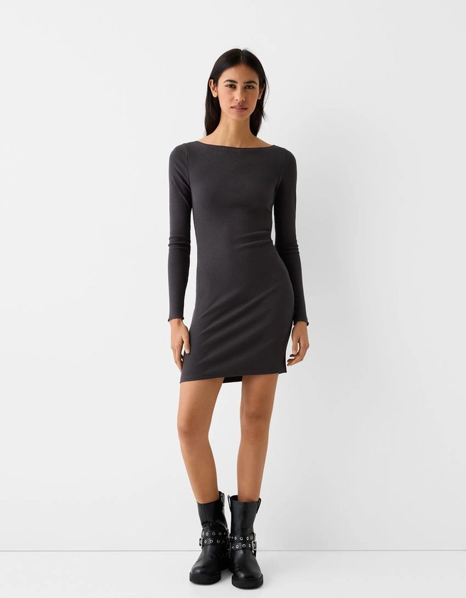 Ribbed knit boat neck long sleeve mini dress