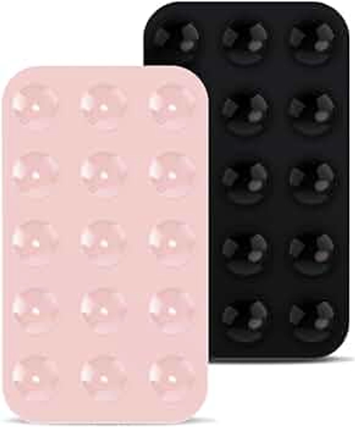 2pcs Double Sided Suction Cup Phone Mount, Silicone Phone Suction Holder Back of Phone Multifunctional Sticky Suction Phone Case for Shower Mirror Fingertip Toys (Black, Light Pink)
