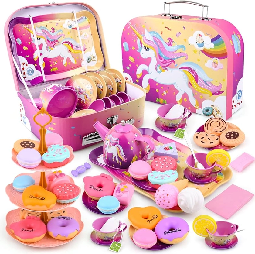 Set da Tè Giocattoli Bambini Accessori Cucina Bambini Set da Tè in Latta Tea Party Finta di Giocare con Dessert Donut Giocattoli da Dessert Regalo per Bambina 3 4 5 6 7 8 Anno (Unicorno)