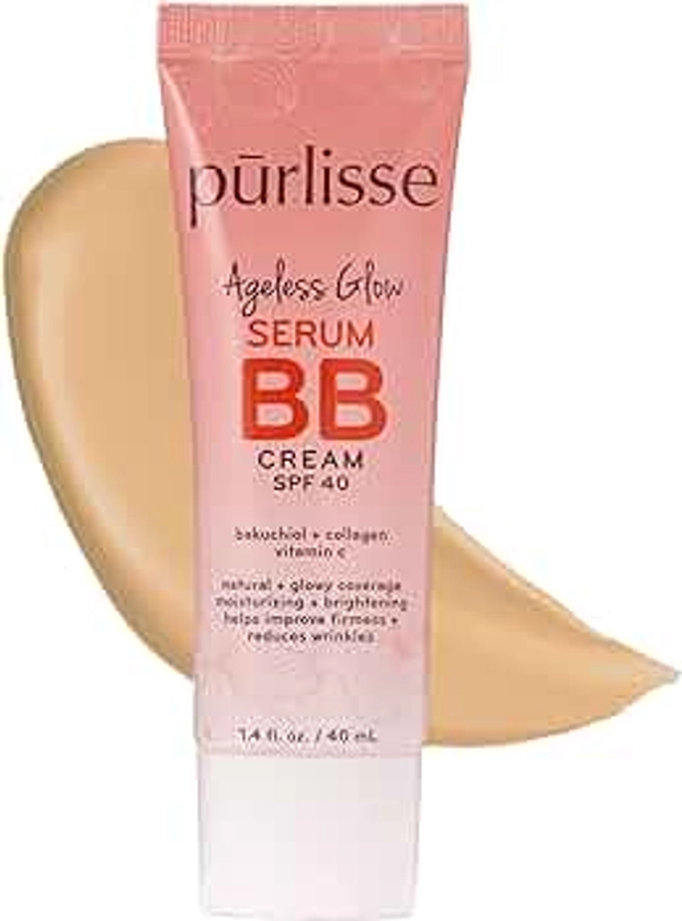 pūrlisse Ageless Glow Serum BB Cream SPF 40 : Clean & Cruelty-Free, Full & Flawless Coverage, Hydrates with Collagen | Light Medium 1.4oz