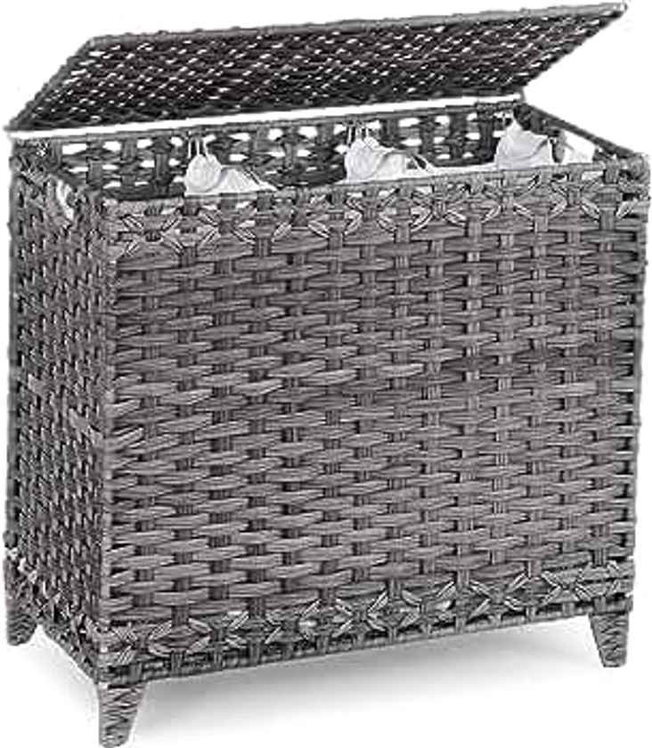 Laundry Hamper with 3 Removable Liner Bags; 132L Handwoven Rattan Laundry Basket with Lid & Heightened Feet; Clothes Hamper with Side Handles; Laundry Sorter with 3 Separate Sections (Gray)