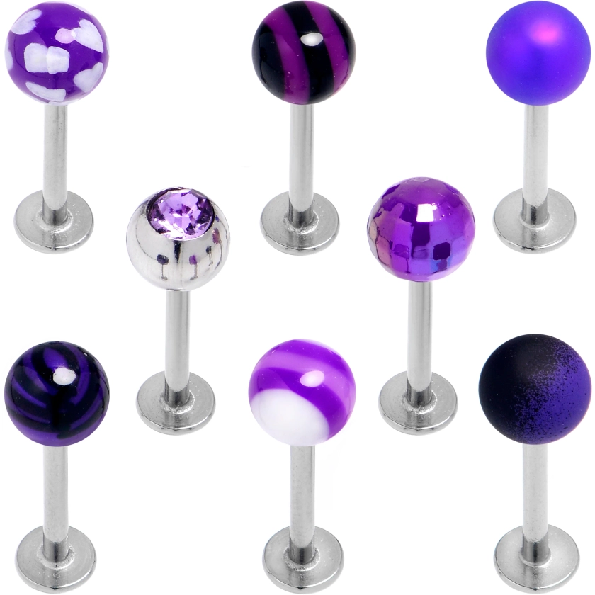 16 Gauge 5/16 Purple Gem Stars Blue Labret Monroe Tragus Set of 8