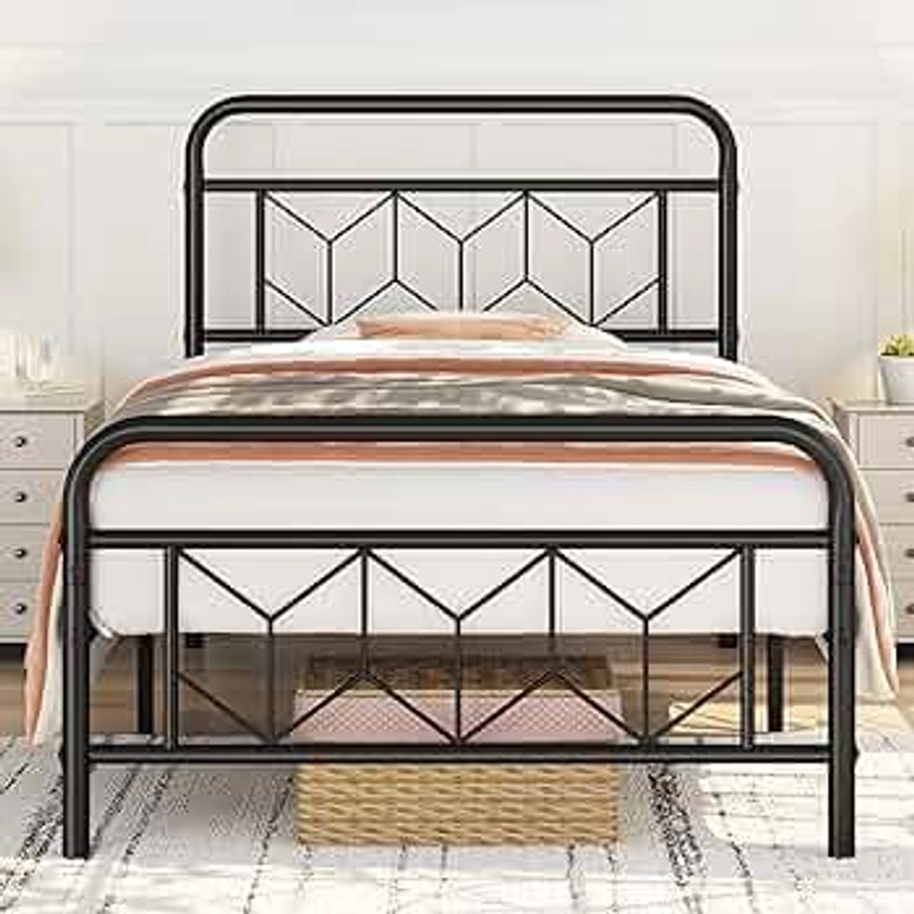 Yaheetech 3ft Single Bed Frames Vintage Sturdy Metal Platform Bed with Large Storage/Diamond Pattern Headboard/Easy Assembly/Embeded Design Bed Base, Black Single Bed