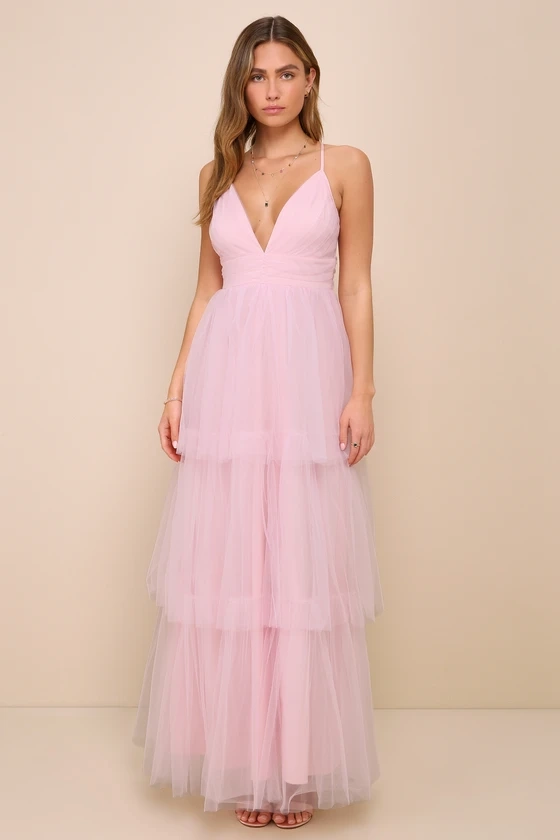 Charming Glamour Light Pink Tulle Sleeveless Tiered Maxi Dress