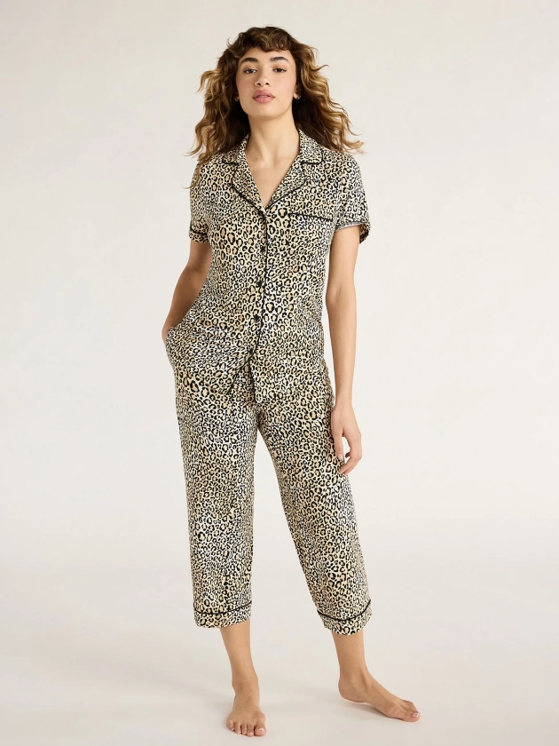 Joyspun Women's Knit Notch Collar Top and Capri Pants Pajama Set, 2-Piece, Sizes S to 3X