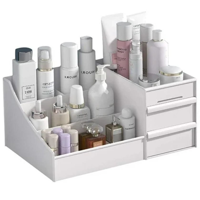 skin care organizer,Makeup Desk Organizer With Drawers,countertop Organizer for cosmetics,Vanity brush with Holder for Lipstick, Brushes, Eyeshadow, and Jewelry Desktop Finishing Dresser (White)