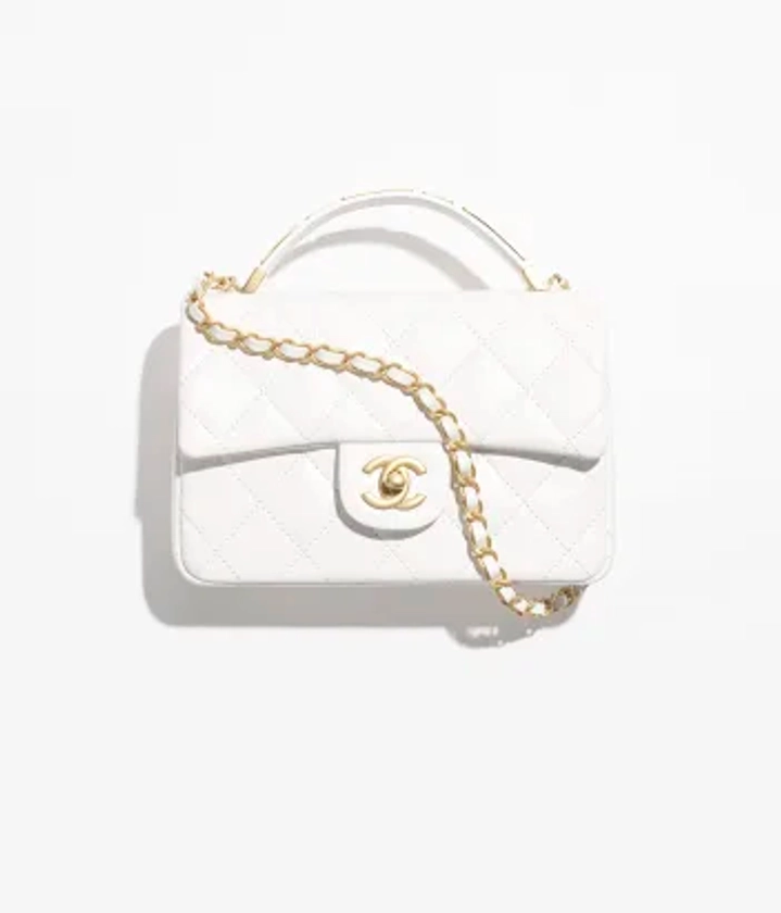 Small flap bag with top handle, Calfskin & gold-tone metal, white — Fashion | CHANEL