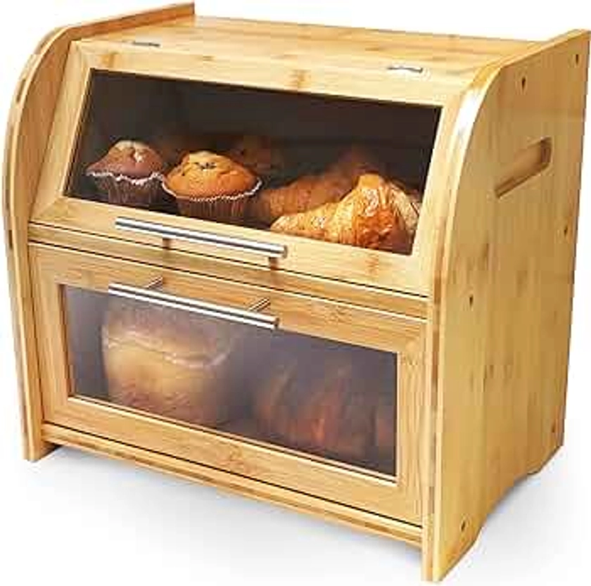 Arise Stylish Bamboo Bread Box for Kitchen Countertop, Extra Large 2-Shelf Wooden Bread Storage Container with Clear Windows and Air Vents Keep Bread, Bagels and Rolls Fresh, Self Assembly