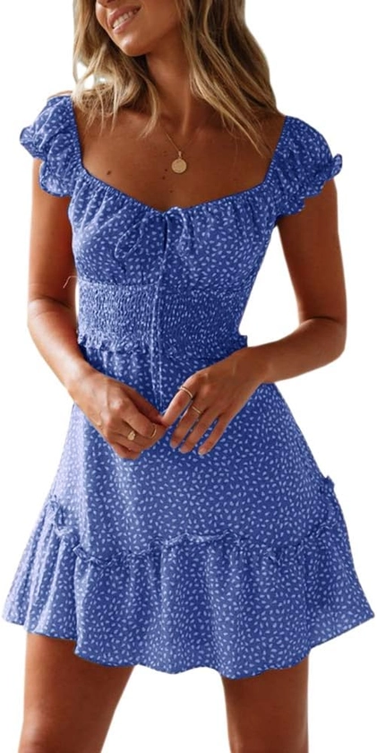 YOBECHO Women's Summer Ruffle Sleeve Sweetheart Neckline Printing Dress Mini Dress at Amazon Women’s Clothing store