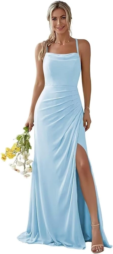 Chiffon Bridesmaid Dresses for Women with Slit Spaghetti Strap Formal Evening Gown Pleated A Line Maxi Dress
