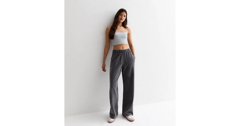 Dark Grey Acid Wash Wide Leg Joggers | New Look