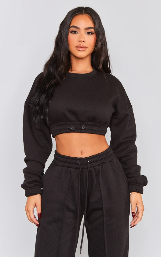 Petite Black Crop Elasticated Sweat Top