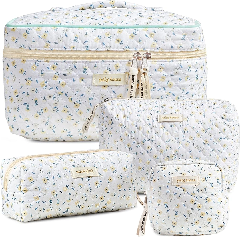 HBselect 4Pcs Cotton Quilted Makeup Bag Coquette Makeup Bag Large Travel Cosmetic Bag Aesthetic Cute Kawaii Floral Makeup Bag Toiletry Bags Coin Purse for Women Girls