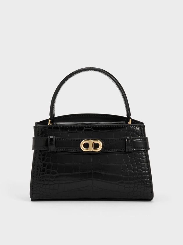 Black Aubrielle Croc-Effect Top Handle Bag | CHARLES & KEITH